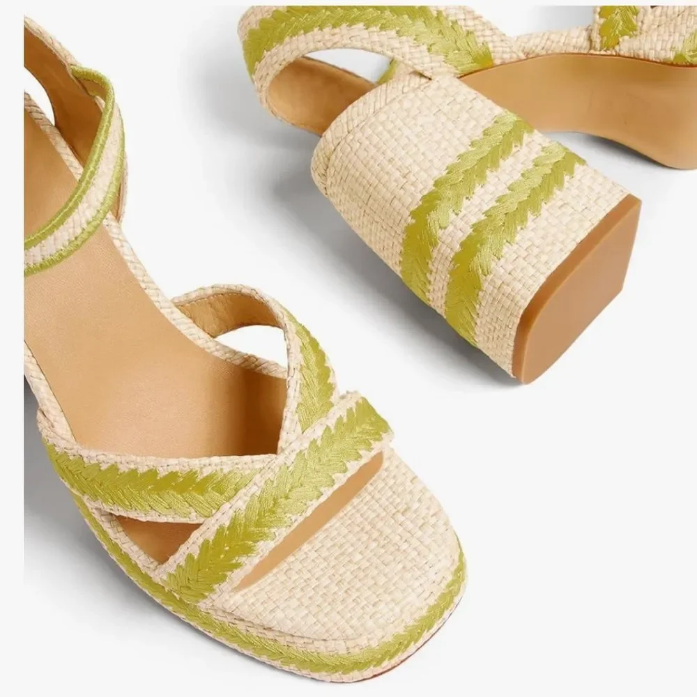 Castaner Vega Heels Heeled Sandals Shoes Raffia Embroidered Tan Green NIB 41